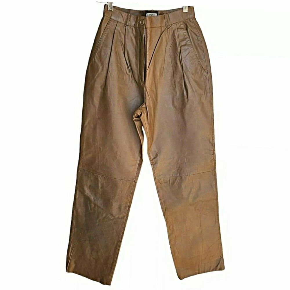 Vintage Toffs Brown Pleated Hi-Waist Fully Lined Leather Pants Mob Wife Size 10
